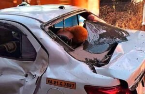 ಚಲಿಸುತ್ತಿದ್ದ ಕಾರಿನ ಮೇಲೆ ಮರ ಬಿದ್ದು ಹಾನಿ: ಪ್ರಯಾಣಿಕರು ಪಾರು…!!