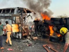 ಆಂಧ್ರಪ್ರದೇಶದಲ್ಲಿ ಭೀಕರ ಬಸ್ ಅಪಘಾತ : ಬೆಂಕಿಗಾಹುತಿಯಾಗಿ 10 ಪ್ರಯಾಣಿಕರ ಸಾವು : ಹಲವರಿಗೆ ಗಂಭೀರ ಗಾಯ…!!