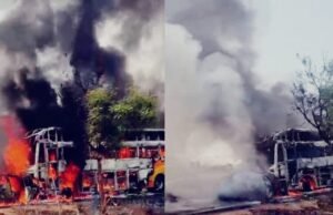 ಕಾರು-ಖಾಸಗಿ ಬಸ್ ಮುಖಾಮುಖಿ ಡಿಕ್ಕಿ, 6 ಮಂದಿ ಸಜೀವ ದಹನ: ಬಸ್ನಲ್ಲಿದ್ದ ಹಲವರಿಗೆ ಗಂಭೀರ ಗಾಯ