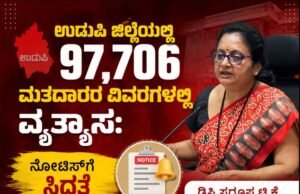 ಉಡುಪಿ ಜಿಲ್ಲೆಯಲ್ಲಿ 97,706 ಮತದಾರರ ವಿವರಗಳಲ್ಲಿ ವ್ಯತ್ಯಾಸ : ನೋಟಿಸ್ಗೆ ಸಿದ್ಧತೆ- ಡಿಸಿ ಸ್ವರೂಪ ಟಿ.ಕೆ…!!